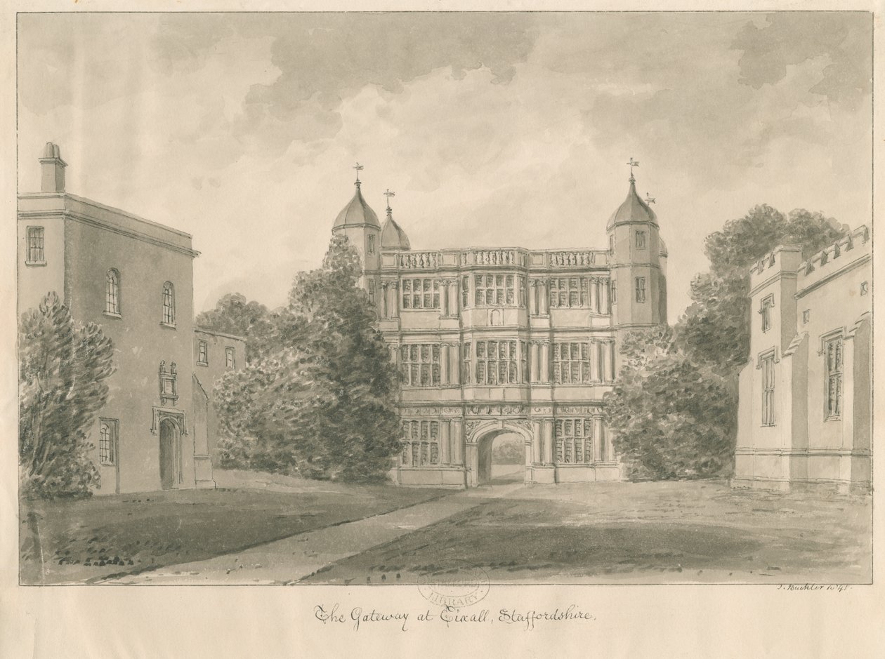 Tixall Hall ja Gatehouse: seepiapiirustus, 1841 tekijältä John Buckler