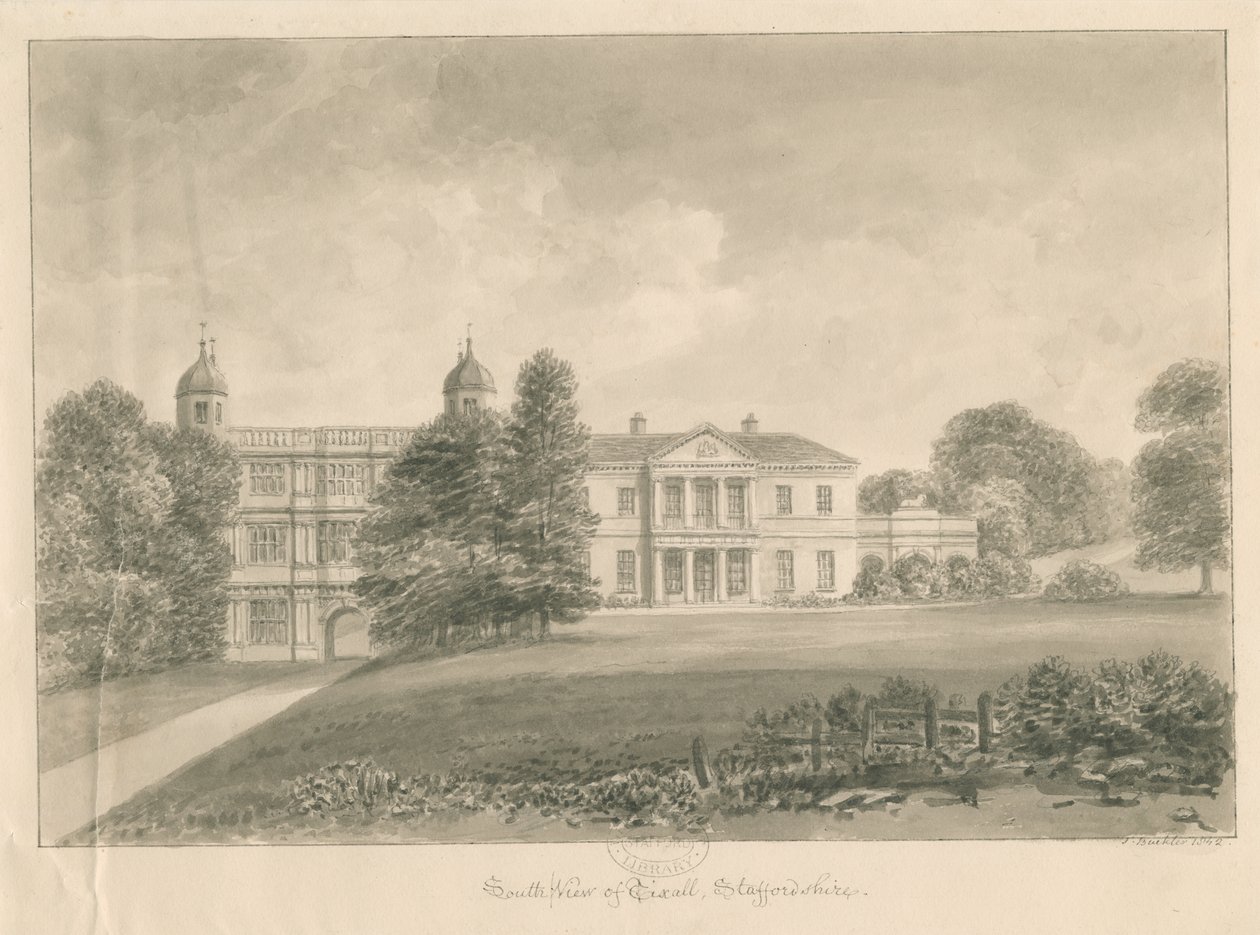 Tixall Hall ja Gatehouse: seepiapesupiirustus, 1842 tekijältä John Buckler