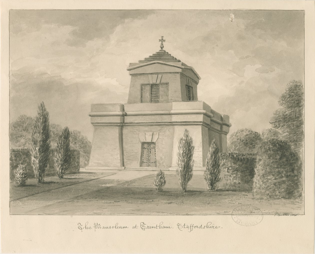 Trentham - Mausoleumi: seepiapiirros tekijältä John Buckler