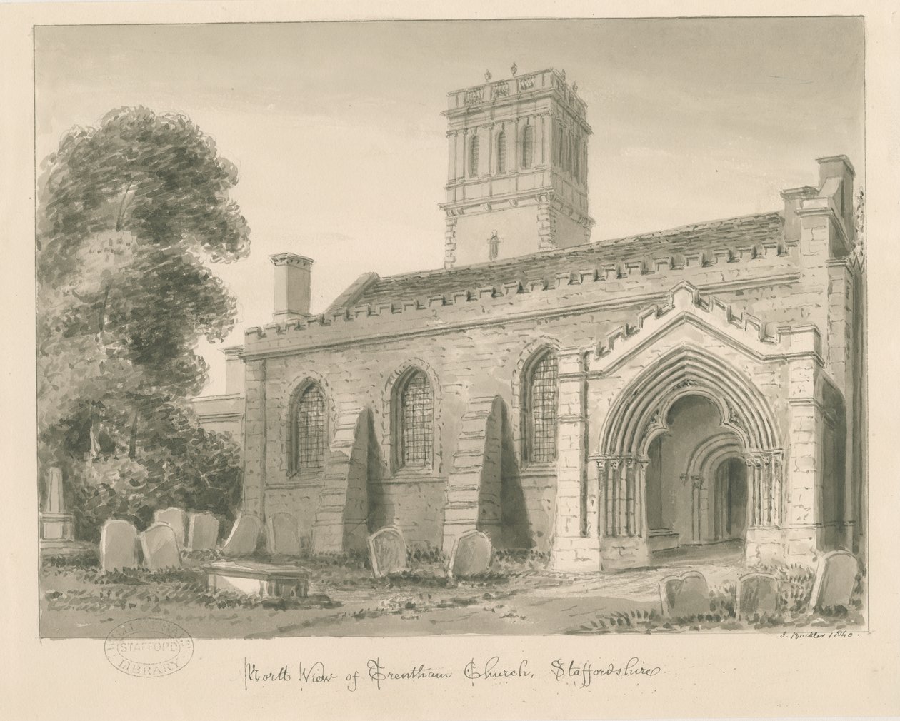 Trentham Church: seepiapesupiirustus, 1840 tekijältä John Buckler