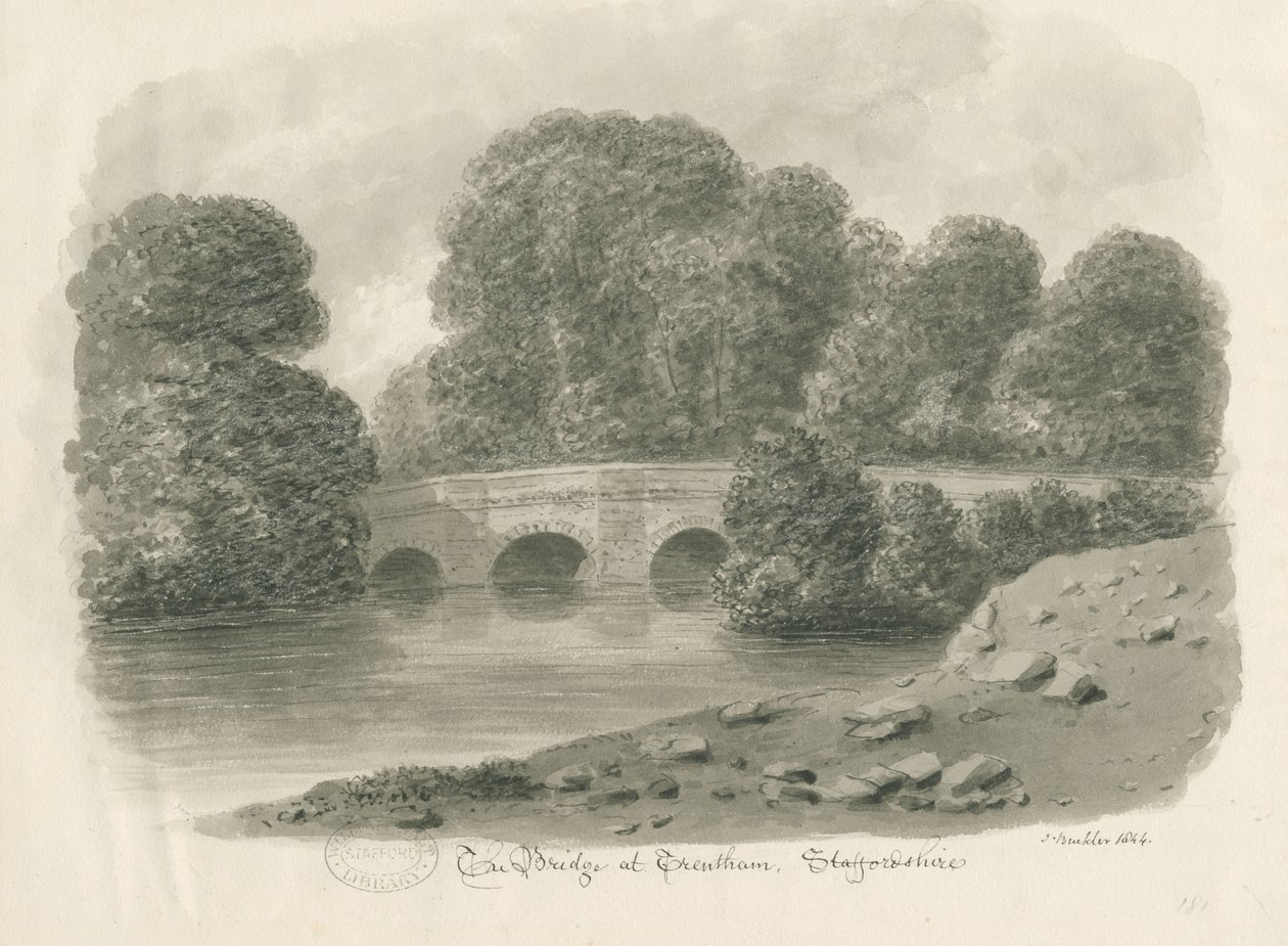 Trentham Hall - Bridge: seepiapesupiirros, 1844 tekijältä John Buckler