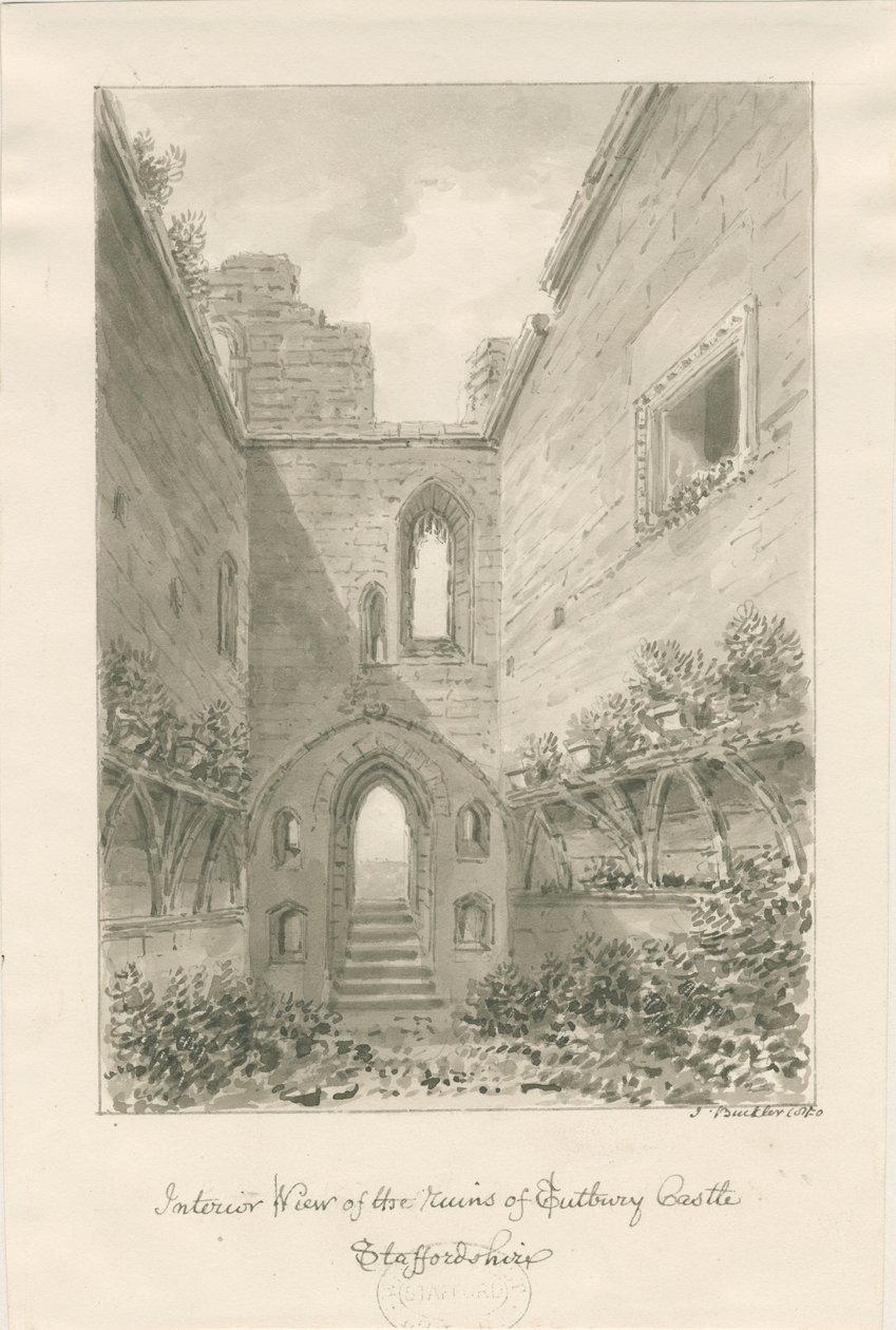 Tutbury Castle - Raunioiden sisäpuoli: seepiapesupiirros tekijältä John Buckler