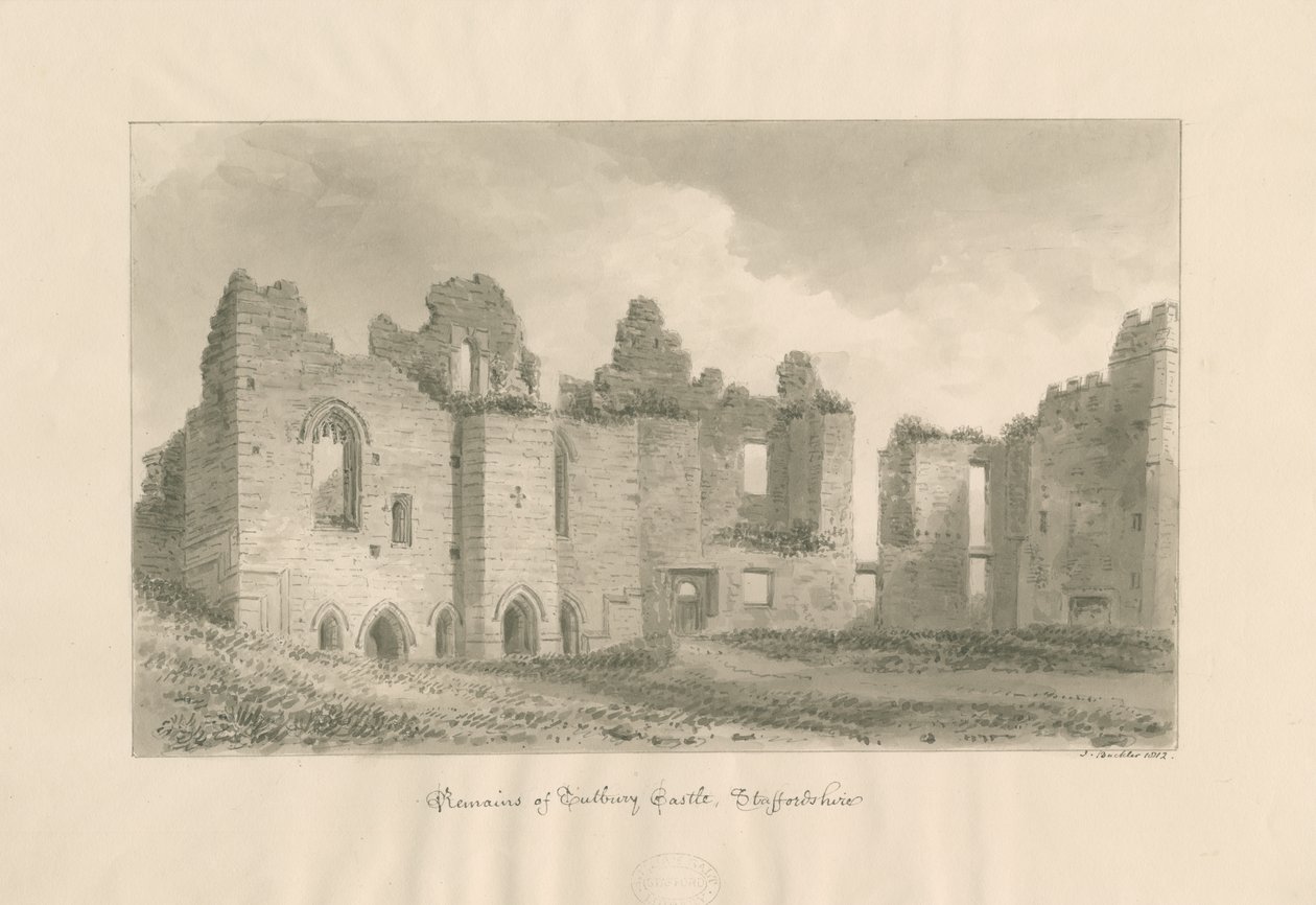 Tutbury Castle – jäännökset Inner Courtyardilta: seepiapesupiirros, 1812 tekijältä John Buckler