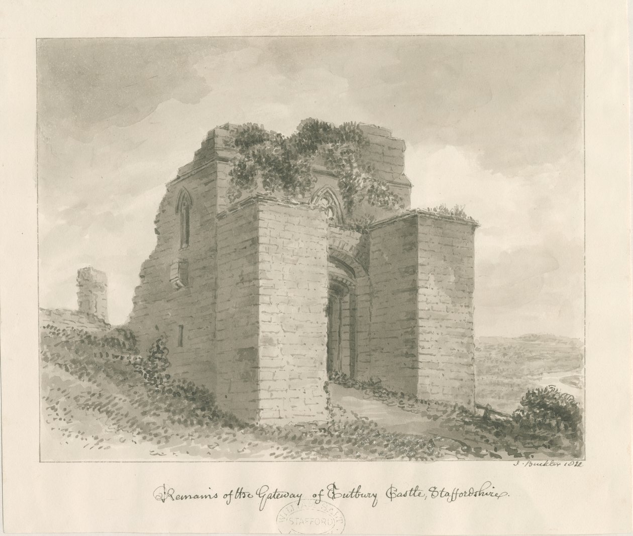 Tutbury Castle - Gatewayn jäänteet: seepiapesupiirros tekijältä John Buckler