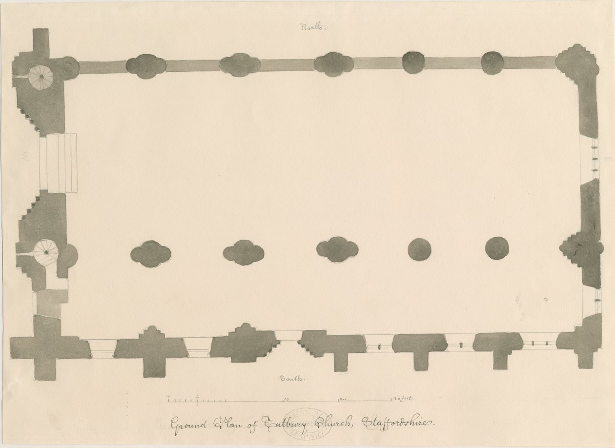 Tutbury Priory Church - Suunnitelma: lyijykynä- ja seepiapiirustus, nd [?1812] (piirustus) tekijältä John Buckler