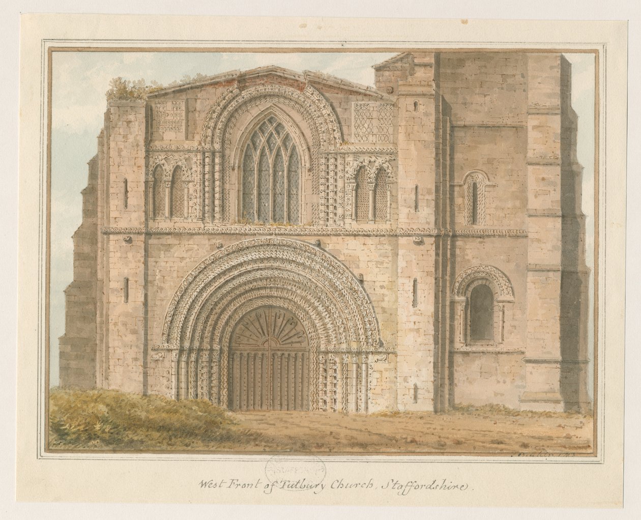 Tutbury Priory Church - West Front: akvarellimaalaus, 1813 tekijältä John Buckler