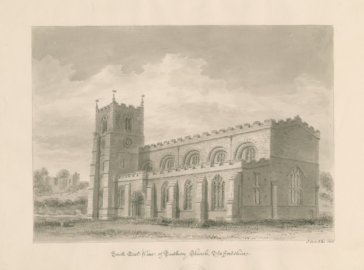 Tutbury Priory Church: seepiapesupiirros, 1812 tekijältä John Buckler