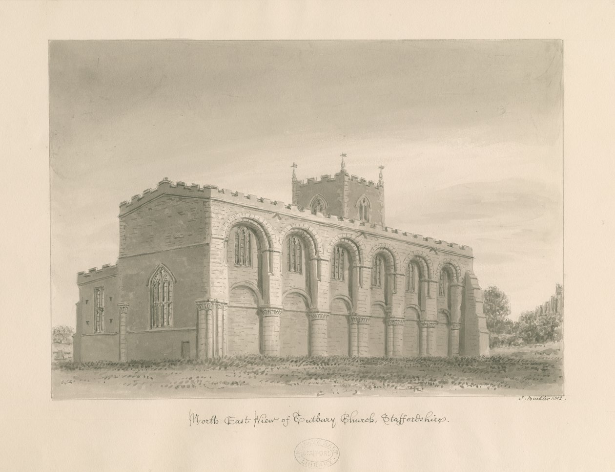 Tutbury Priory Church: seepiapesupiirros, 1812 tekijältä John Buckler