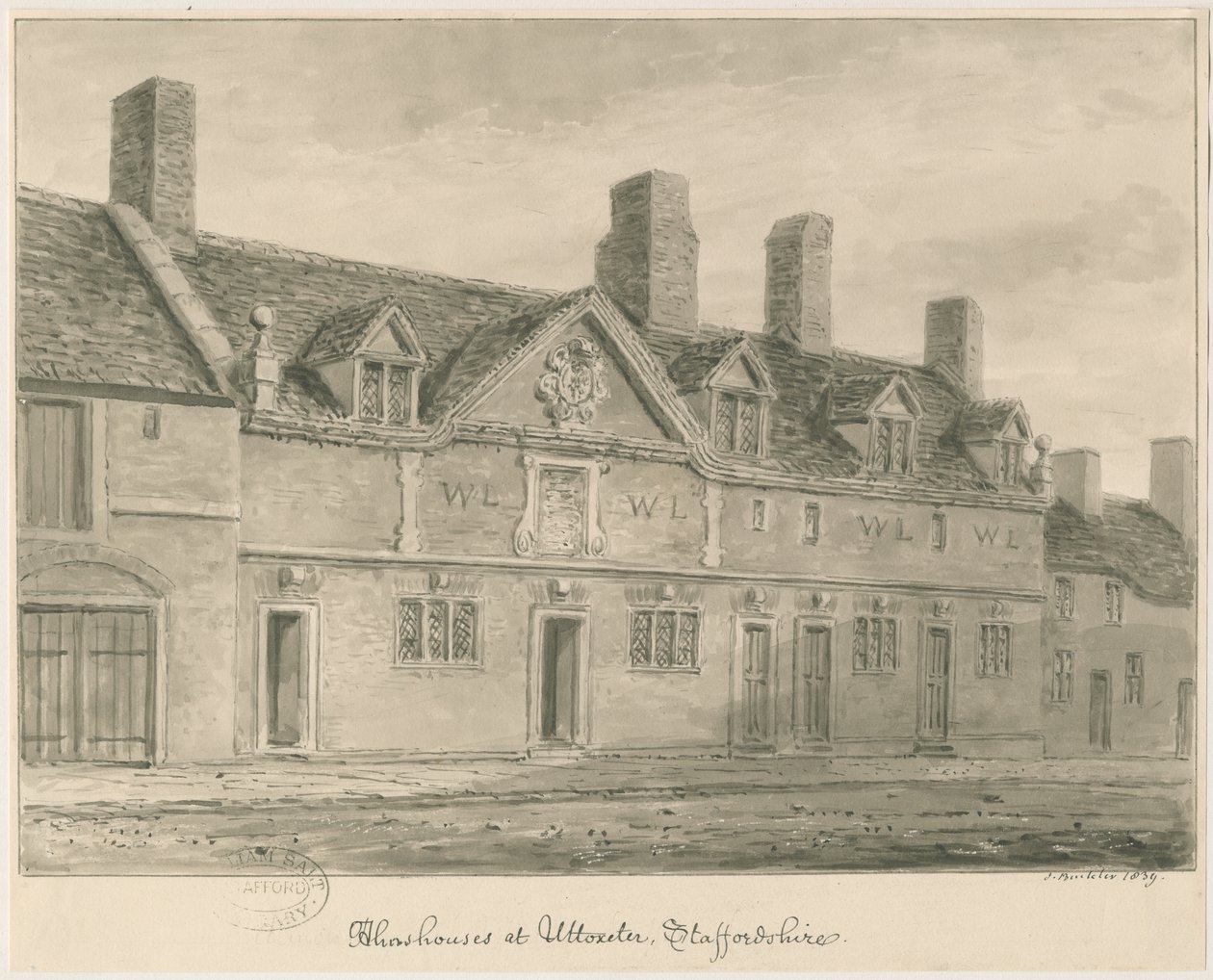 Uttoxeter Town - Almshouses: seepiapesupiirros, 1839 tekijältä John Buckler