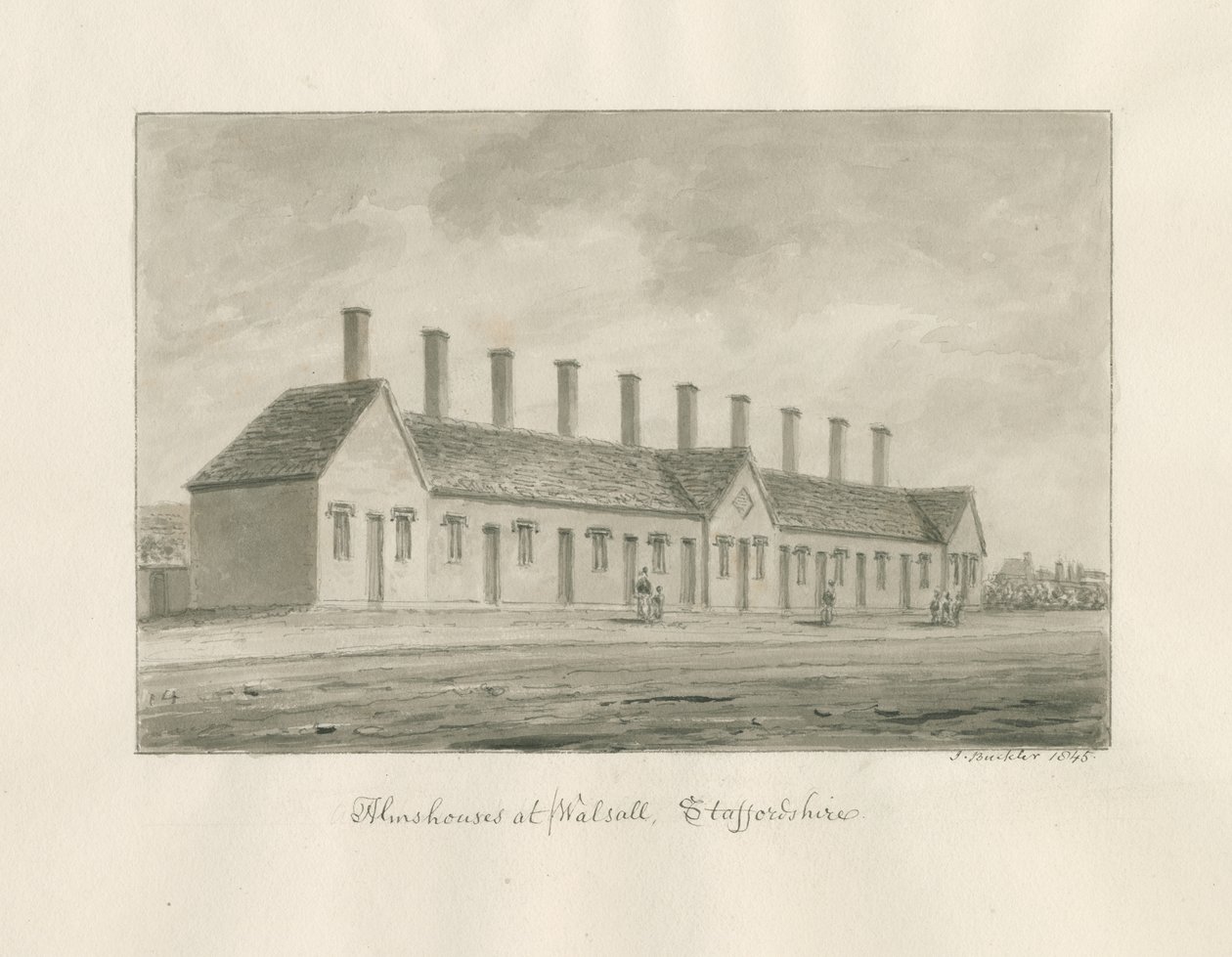 Walsall - Almshouses: seepiapesupiirros tekijältä John Buckler
