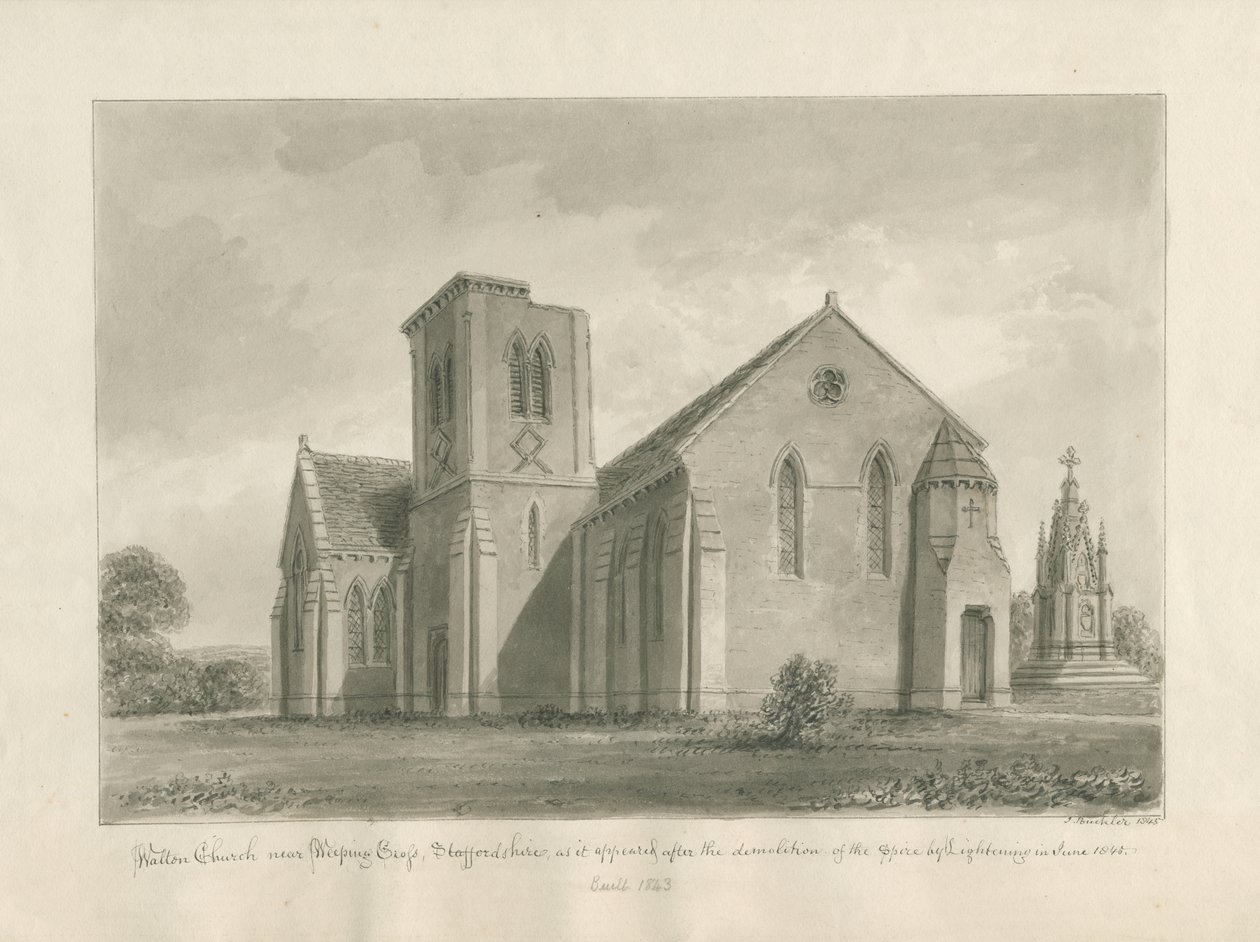 Walton-on-the-Hill Church: seepiapesupiirros, 1844 tekijältä John Buckler