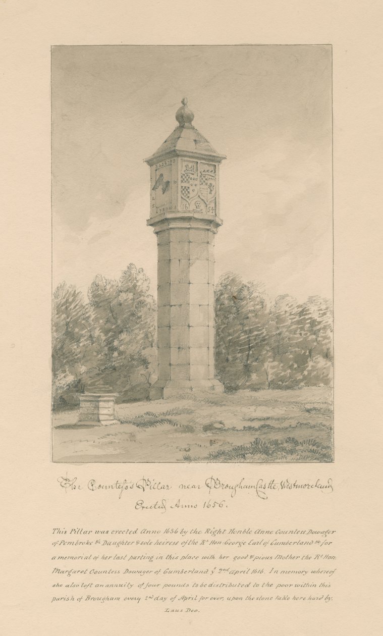 Westmorland - Broughamin linna - Kreivitärpilari: seepiapiirros, 1800 tekijältä John Buckler