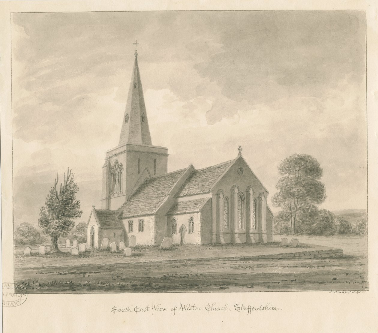 Weston-on-Trentin kirkko: seepiapiirros, 1841 tekijältä John Buckler