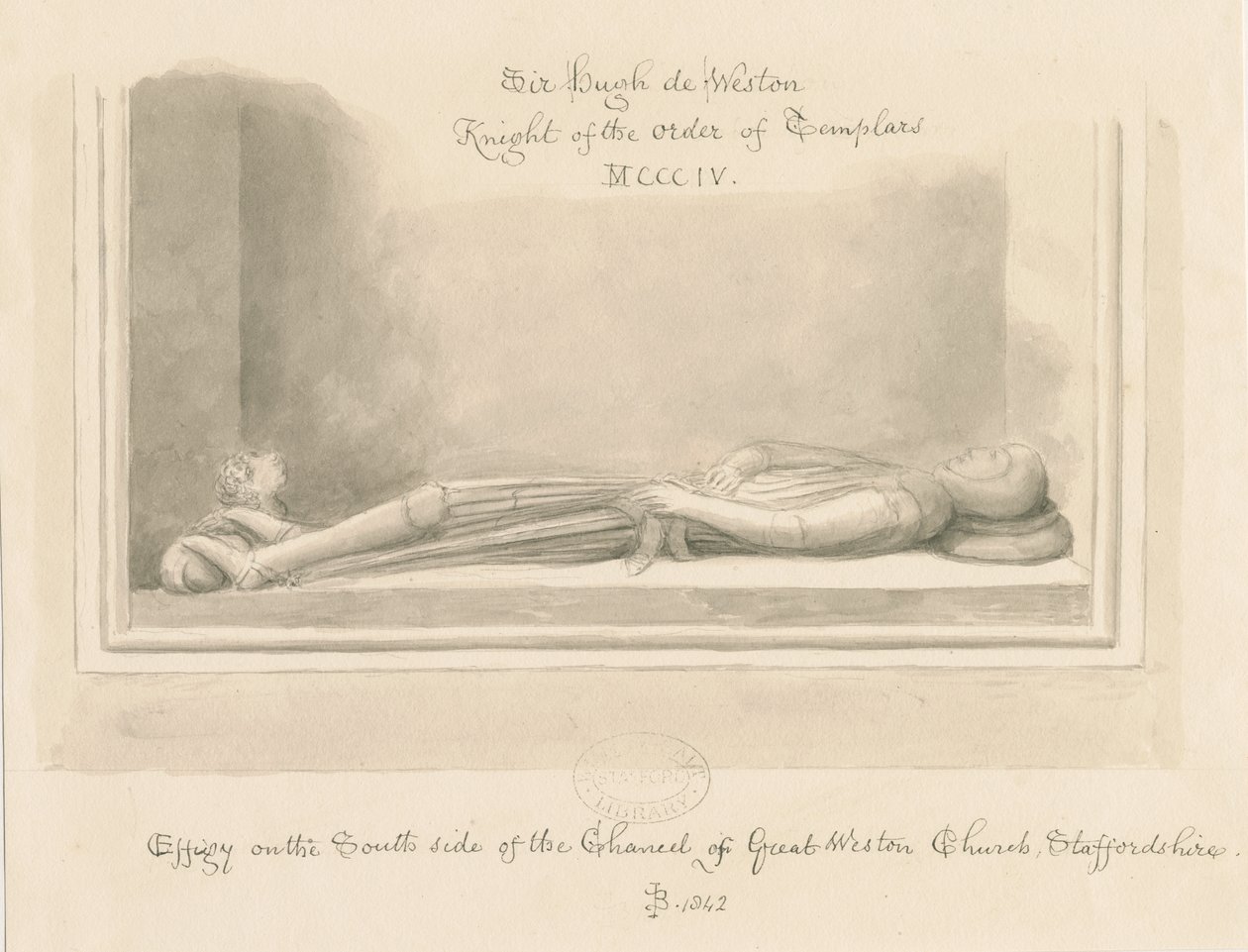 Weston-under-Lizard Church - Sir Hugh de Westonin kuva: seepiapiirustus, 1842 tekijältä John Buckler