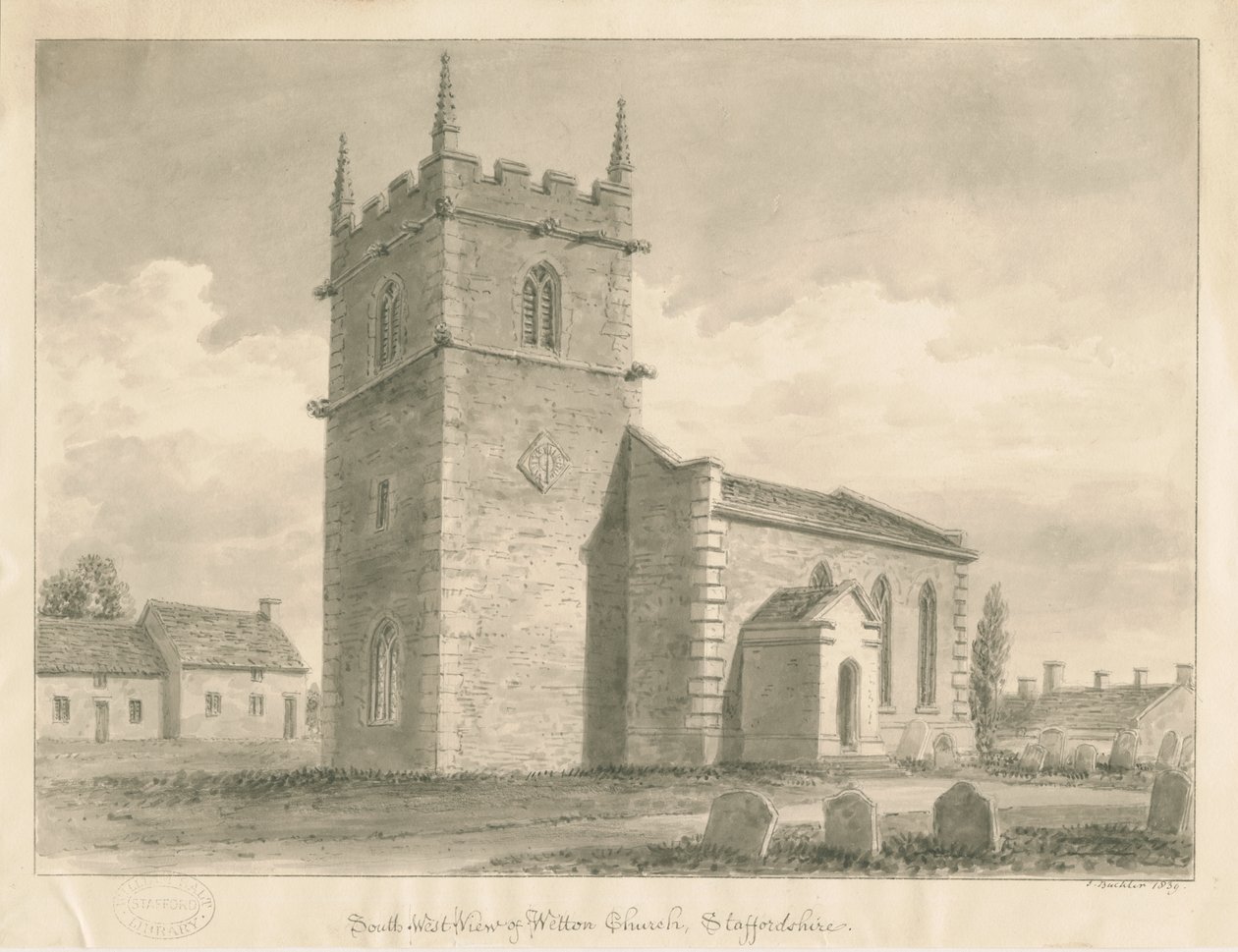 Wetton Church: seepiapiirros, 1839 tekijältä John Buckler