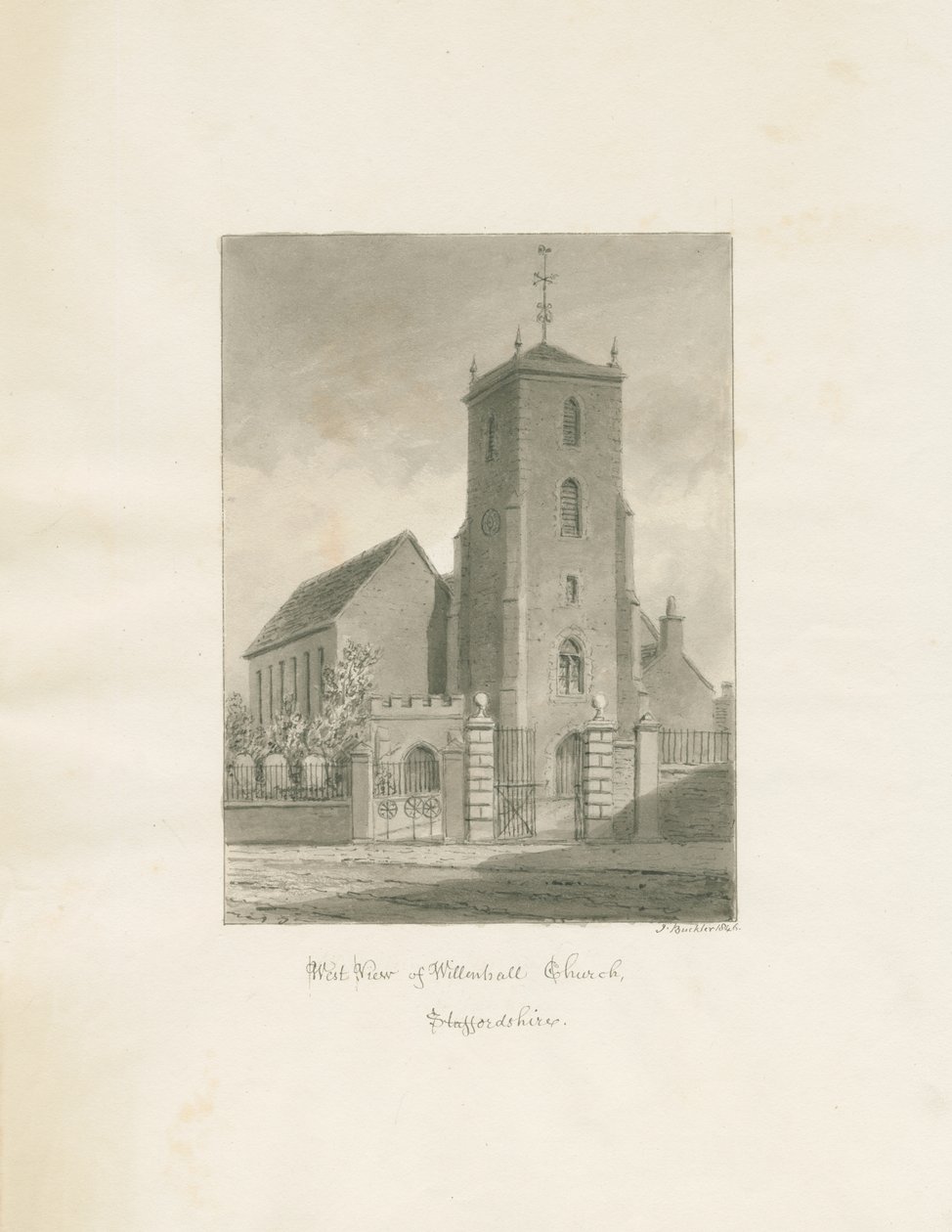 Willenhallin kirkko: seepiapiirros, 1846 tekijältä John Buckler
