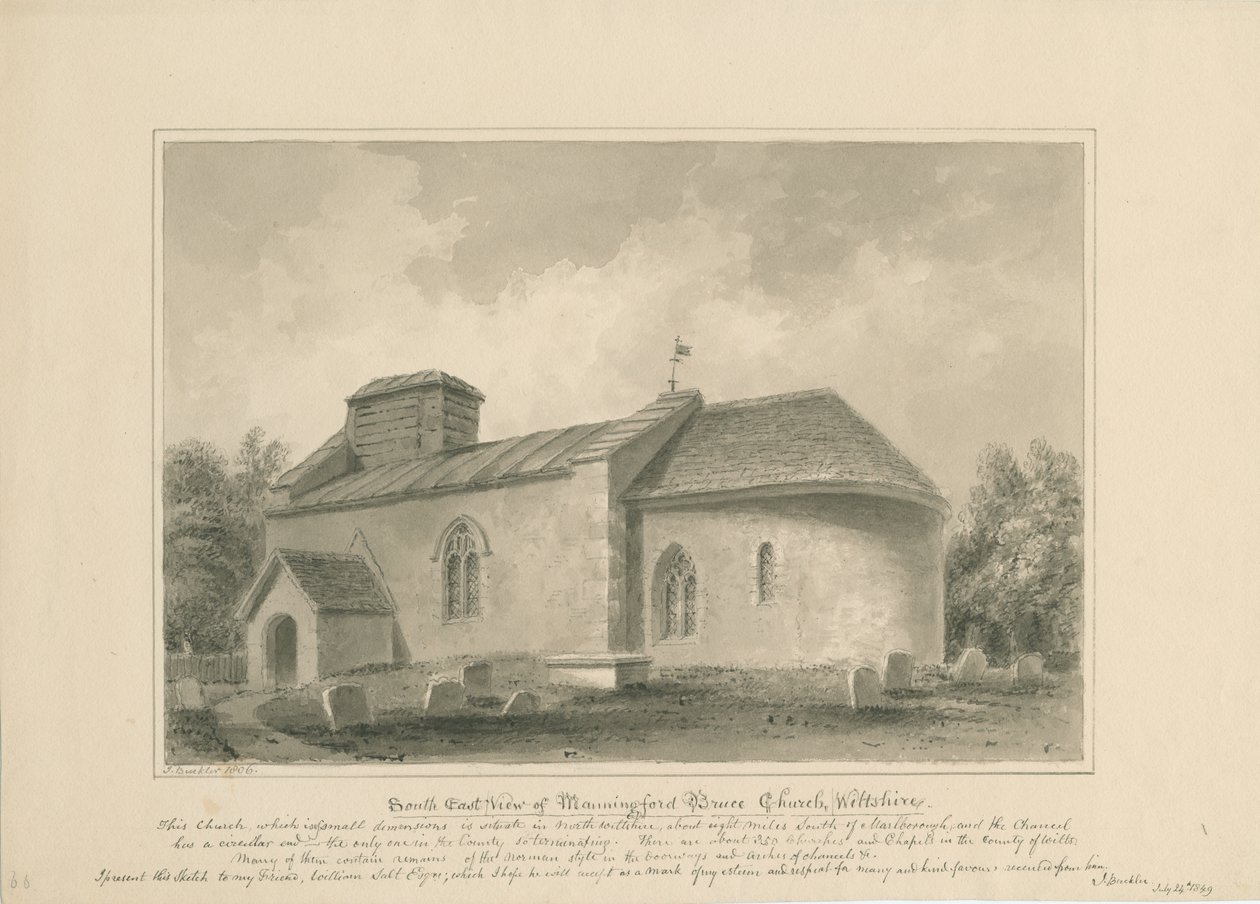 Wiltshire - Manningford Bruce Church: seepiapiirustus, 1806 tekijältä John Buckler