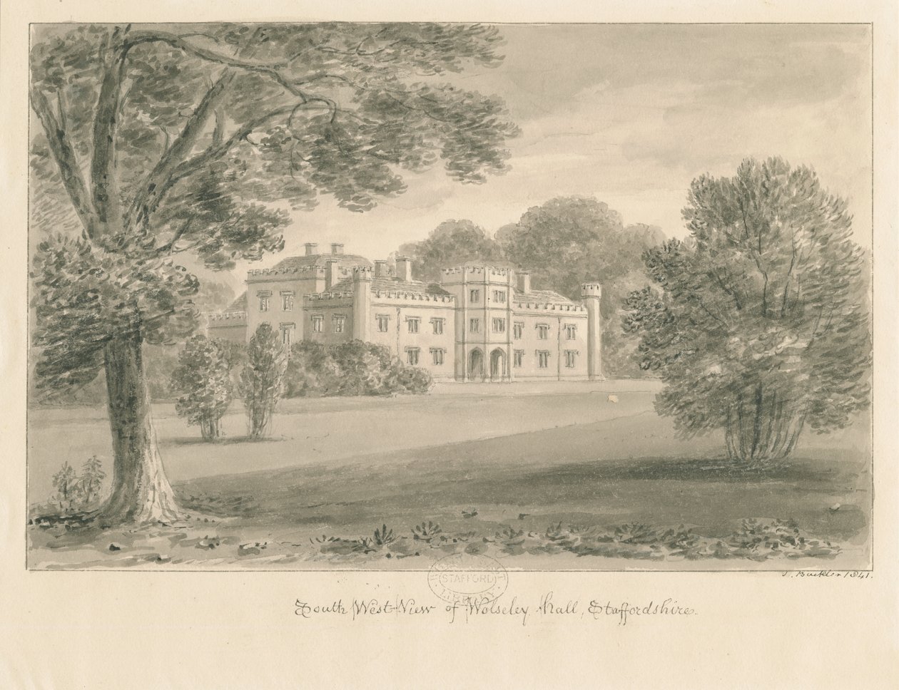 Wolseley Hall: seepiapiirros, 1841 tekijältä John Buckler