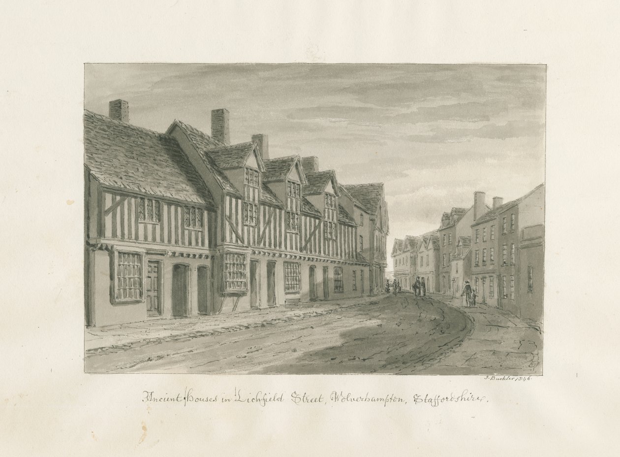 Wolverhampton - Muinaiset talot Lichfield Streetillä: seepiapiirros tekijältä John Buckler