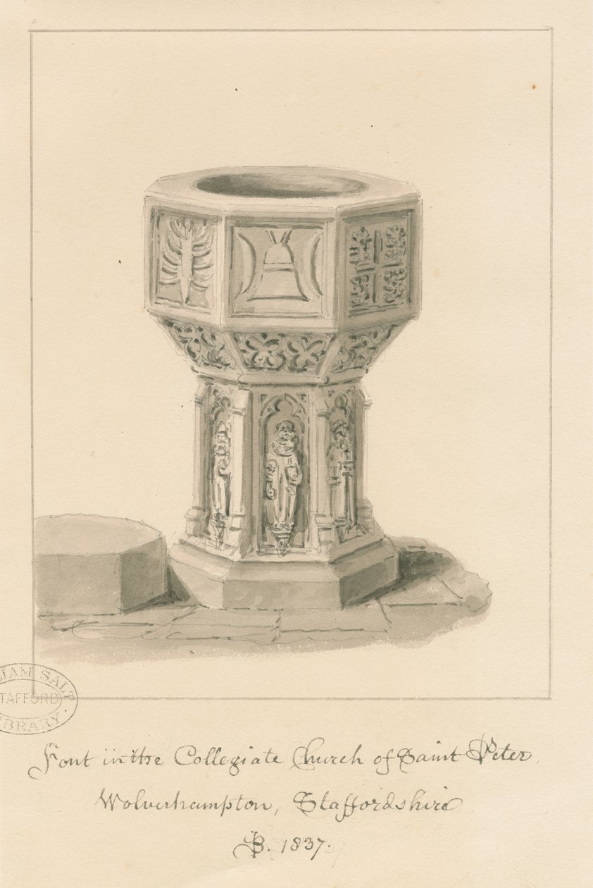 Wolverhampton - Fontti Pyhän Pietarin kirkossa: seepiapiirros, 1837 tekijältä John Buckler