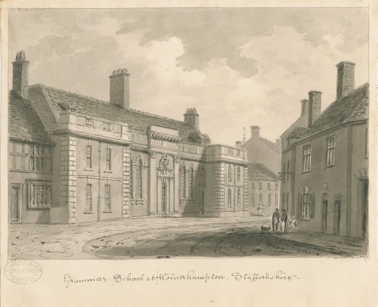 Wolverhampton - Grammar School: seepiapiirustus, 1837 tekijältä John Buckler