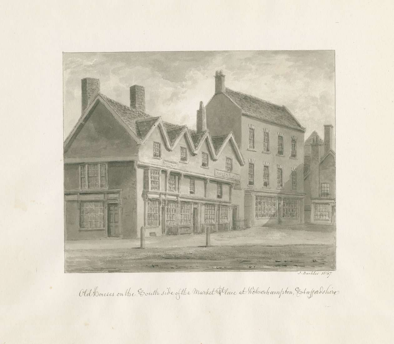 Wolverhampton - Vanhat talot Market Placen eteläpuolella: seepiapiirros, 1847 tekijältä John Buckler