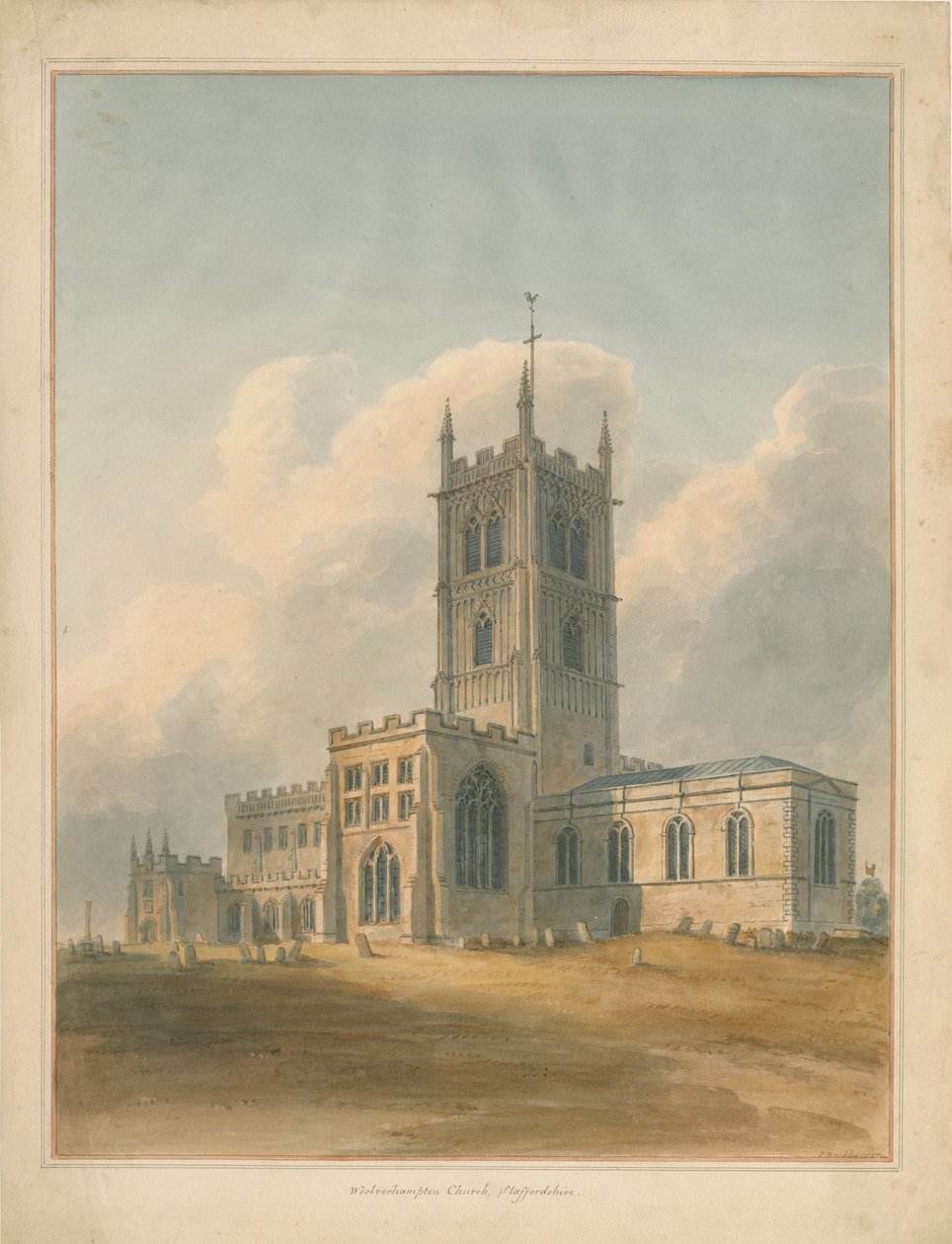 Wolverhampton - Pyhän Pietarin kirkko: akvarellimaalaus, 1844 tekijältä John Buckler