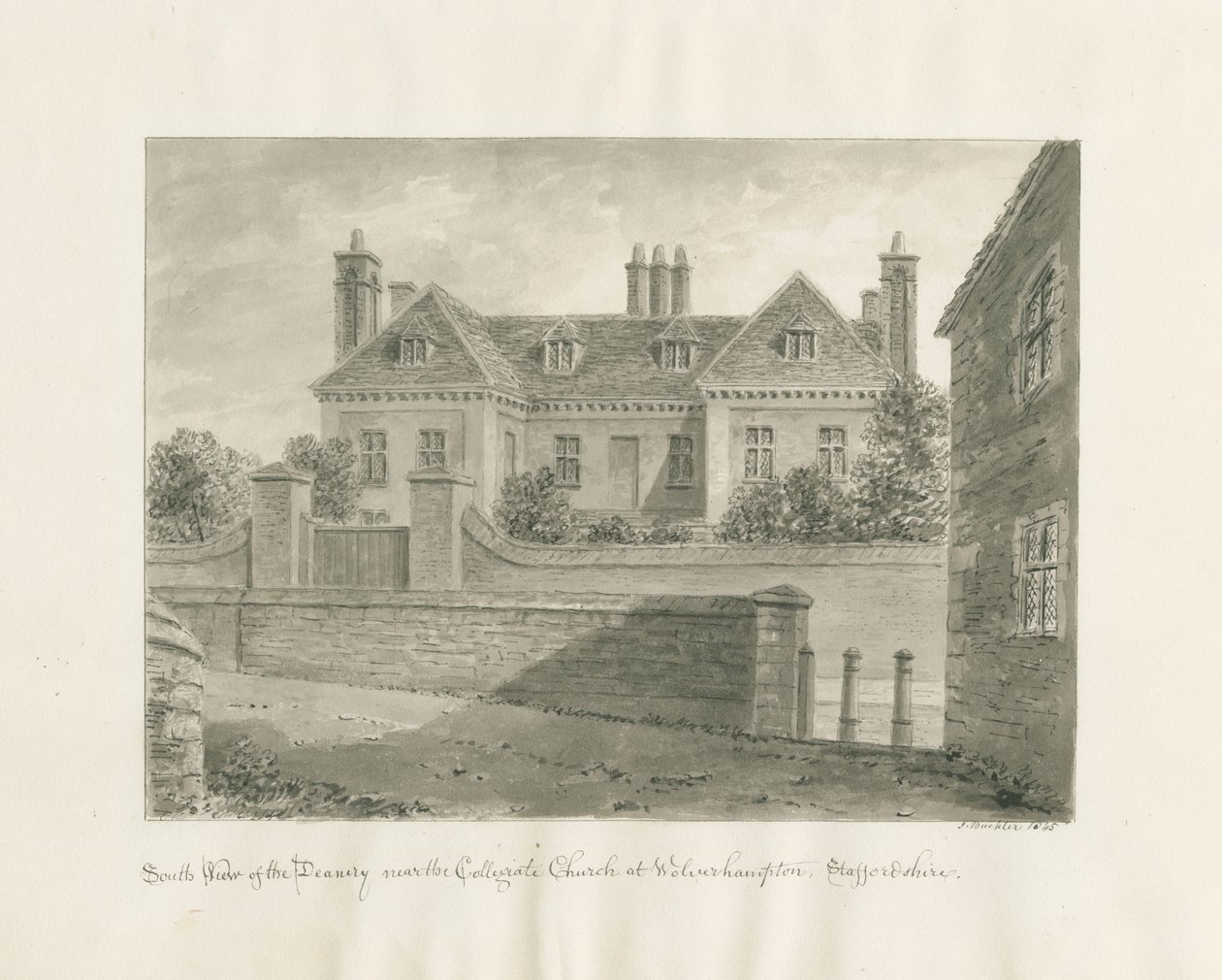 Wolverhampton - Deanery House: seepiapiirustus, 1845 tekijältä John Buckler