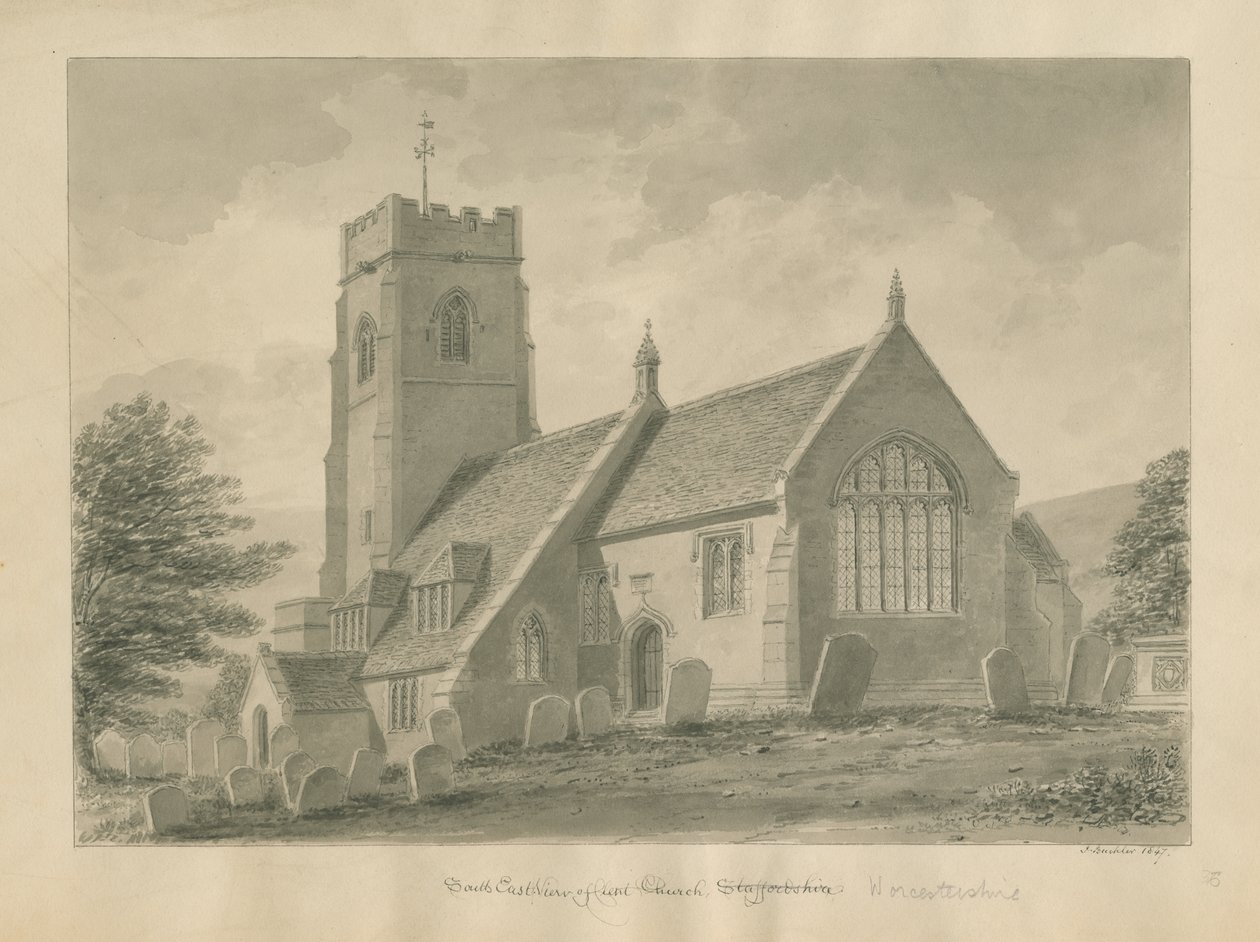 Worcestershire - Clent Church: seepiapiirustus, 1847 tekijältä John Buckler
