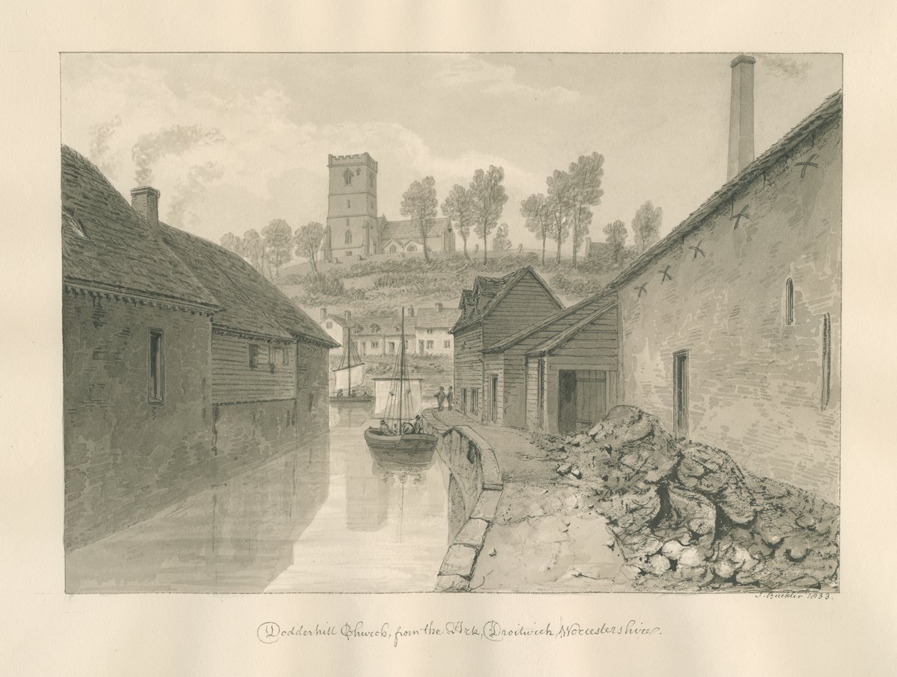 Worcestershire - Droitwich - Dodderhillin kirkko Kaukainen näkymä: seepiapiirros, 1833 tekijältä John Buckler