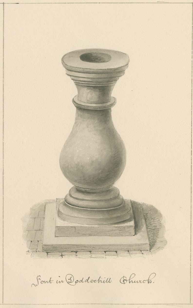 Worcestershire - Droitwich - Dodderhill Church Fontti: seepiapiirros, 1833 tekijältä John Buckler