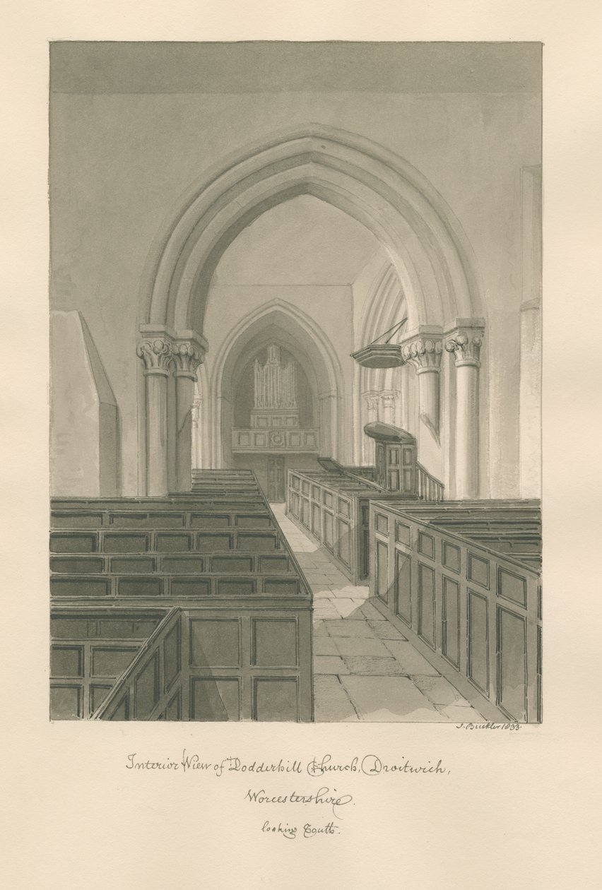 Worcestershire - Droitwich - Dodderhill Church Sisustus: seepiapiirustus tekijältä John Buckler