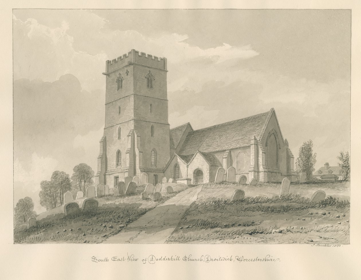 Worcestershire - Droitwich - Dodderhillin kirkko: seepiapiirros tekijältä John Buckler