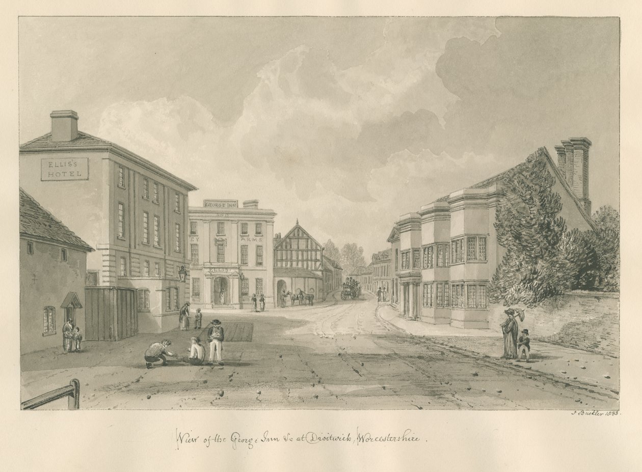 Worcestershire - Droitwich - George Inn: seepiapiirros, 1833 tekijältä John Buckler