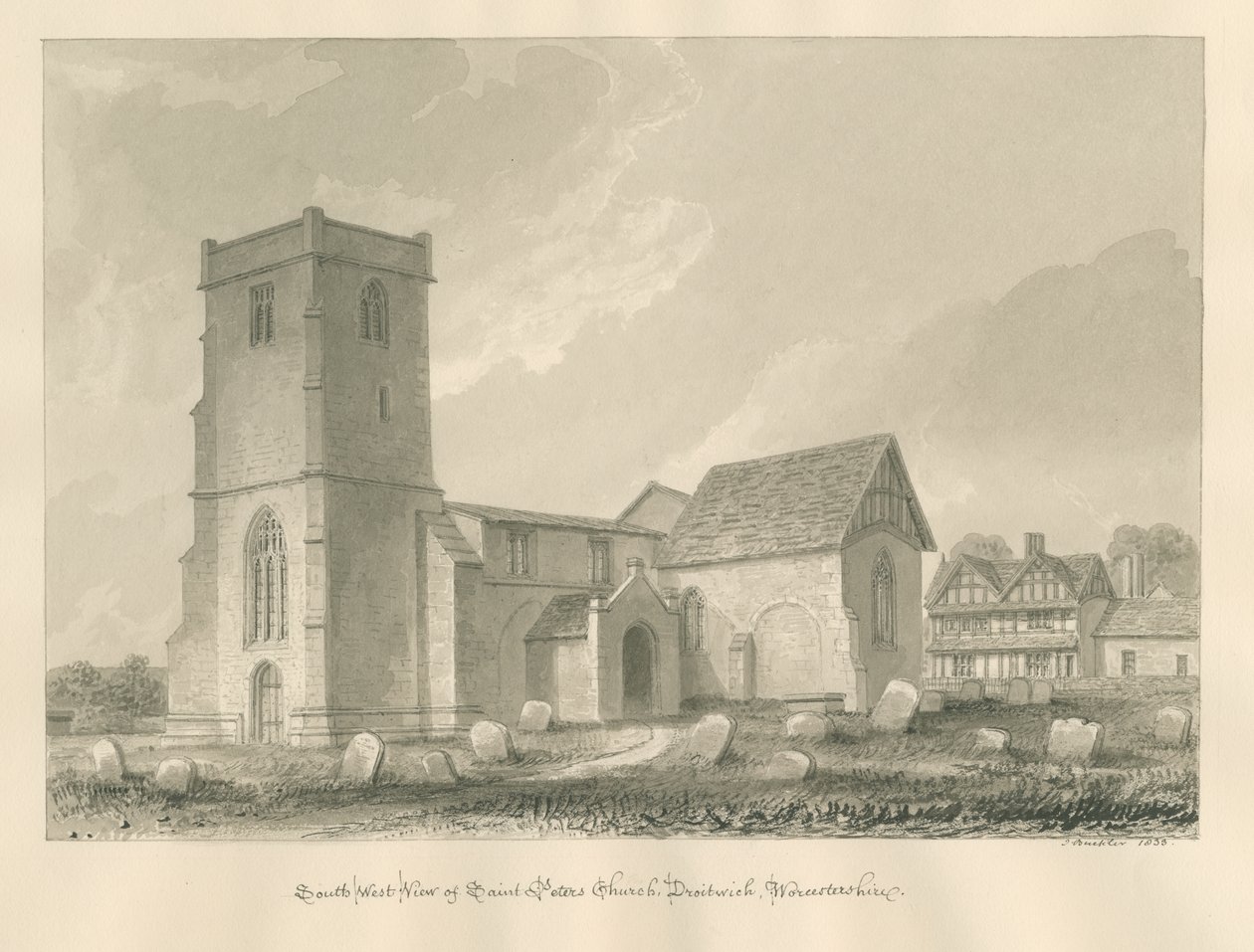 Worcestershire - Droitwich - Pyhän Pietarin kirkko: seepiapiirros, 1833 tekijältä John Buckler