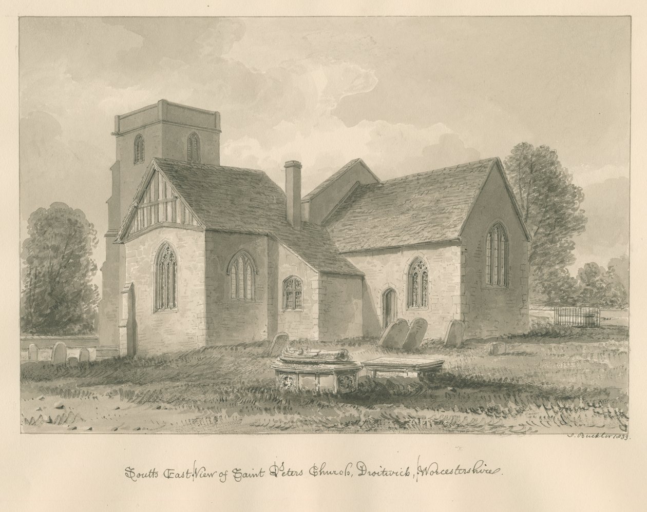 Worcestershire - Droitwich - Pyhän Pietarin kirkko: seepiapiirros, 1833 tekijältä John Buckler