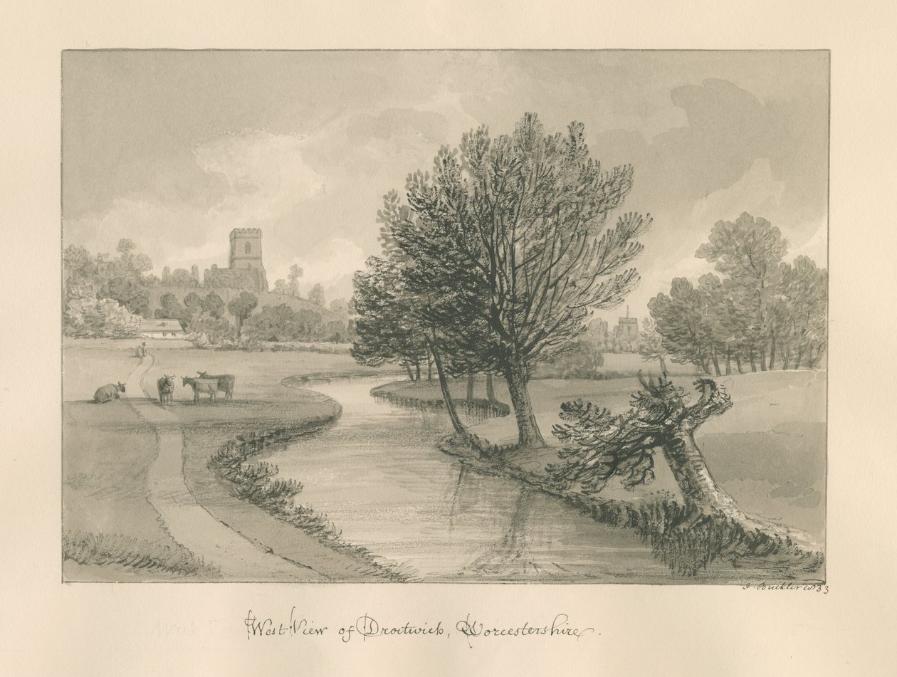 Worcestershire - Droitwich - Länsinäkymä kaupunkiin: seepiapiirros, 1833 tekijältä John Buckler