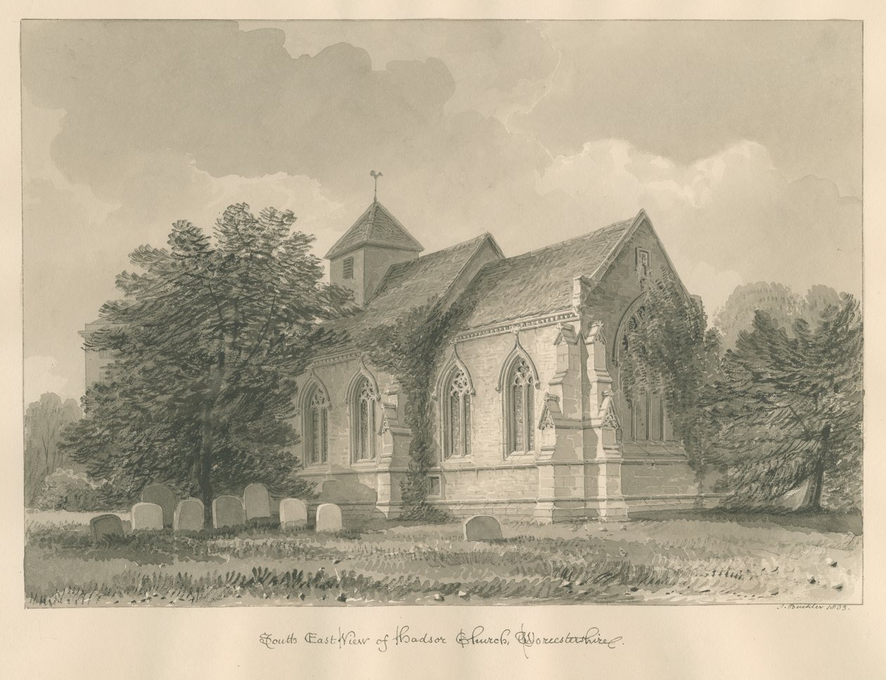 Worcestershire - Hadsorin kirkko: seepiapiirustus, 1833 tekijältä John Buckler