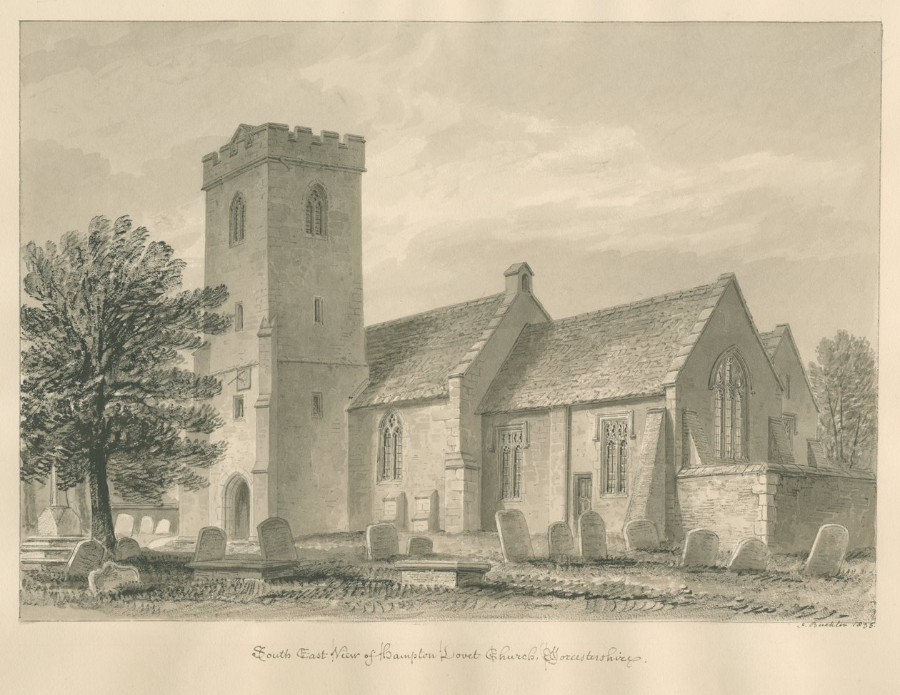Worcestershire - Hampton Lovett Church: seepiapiirustus, 1833 tekijältä John Buckler