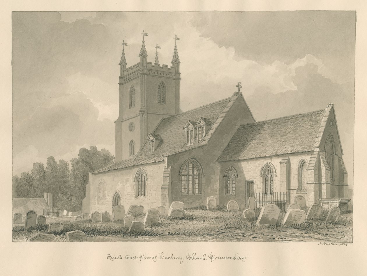 Worcestershire - Hanbury Church: seepiapiirustus, 1833 tekijältä John Buckler
