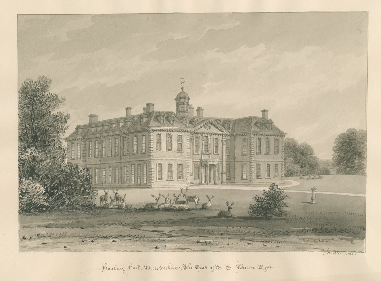Worcestershire - Hanbury Hall: seepiapiirustus, 1833 tekijältä John Buckler