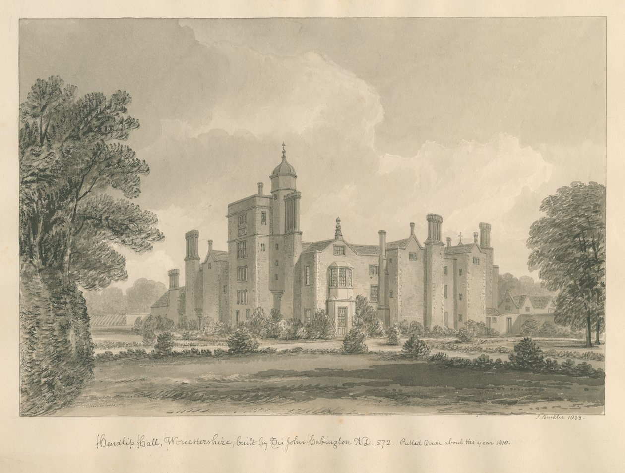 Worcestershire - Hindlip Hall: seepiapiirustus, 1833 tekijältä John Buckler