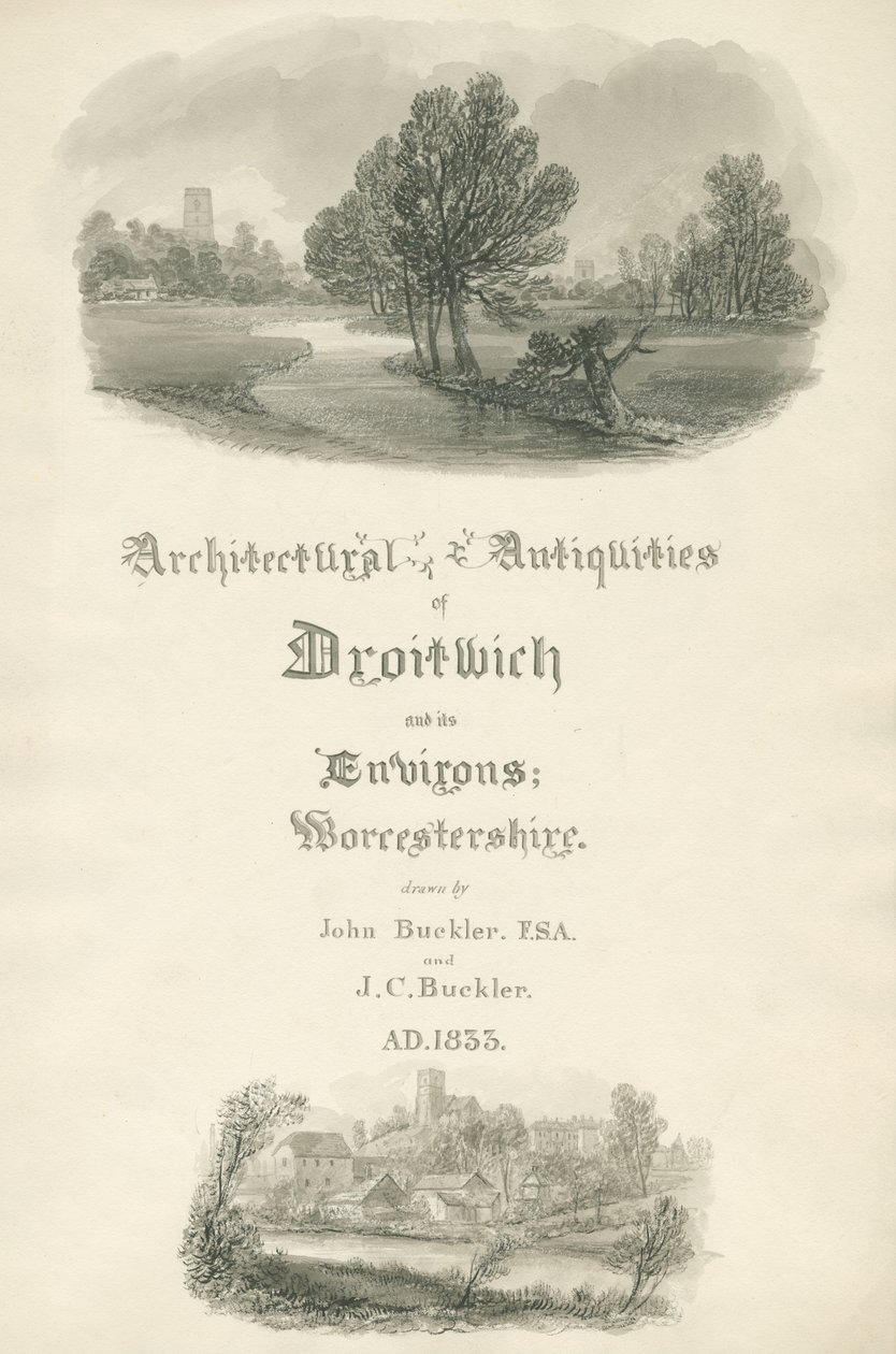 Worcestershire - John ja J. C. Bucklerin työsalkun otsikkosivu: seepiapiirustus tekijältä John Buckler