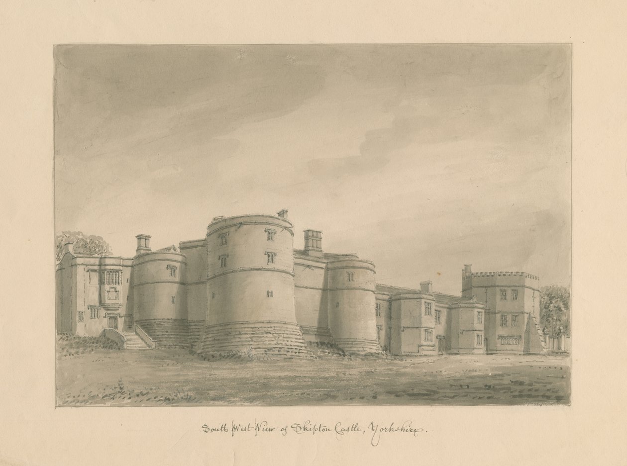 Yorkshire - Skipton Castle: seepiapiirros, 1818 tekijältä John Buckler