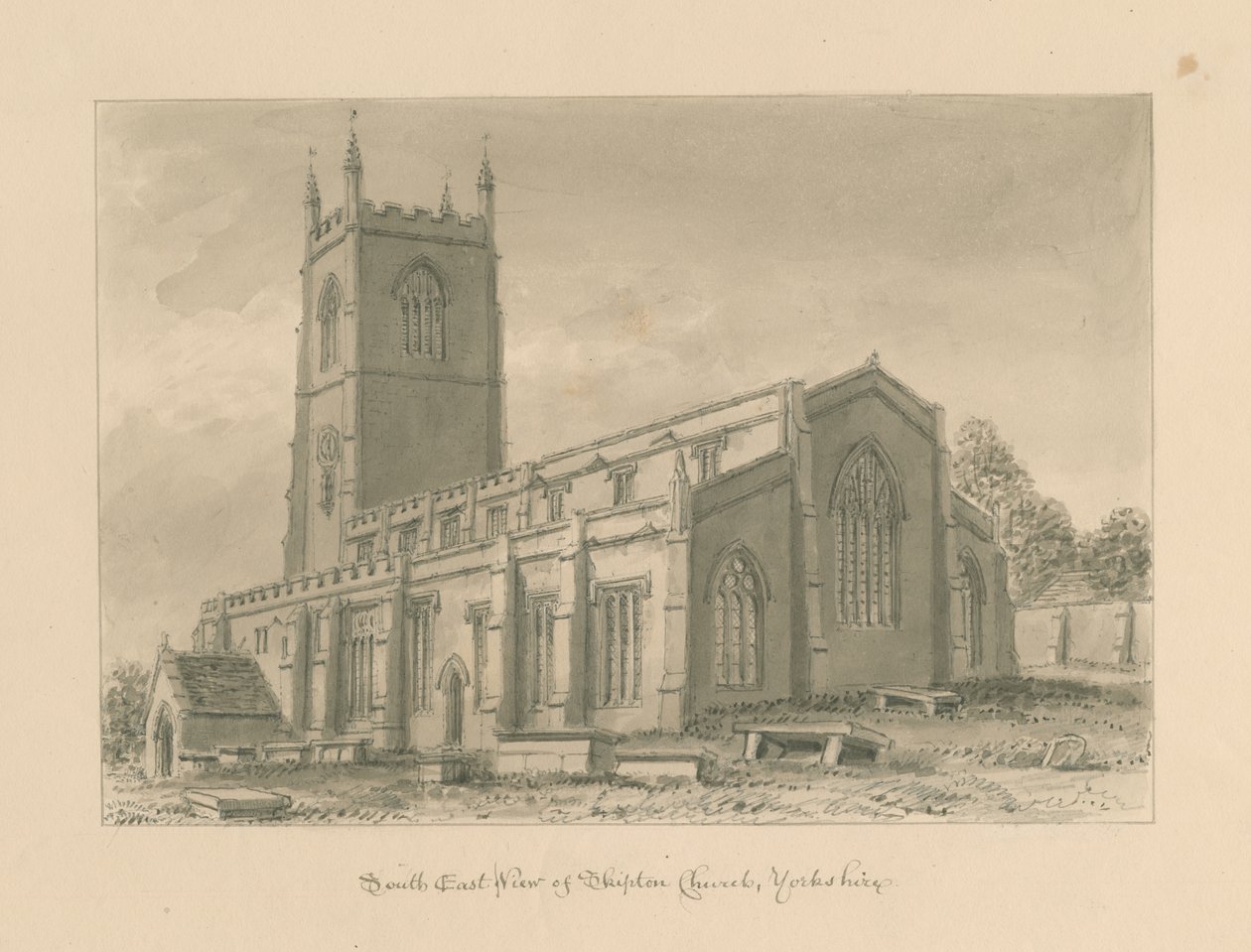 Yorkshire - Skipton Church: seepiapiirustus, 1818 tekijältä John Buckler