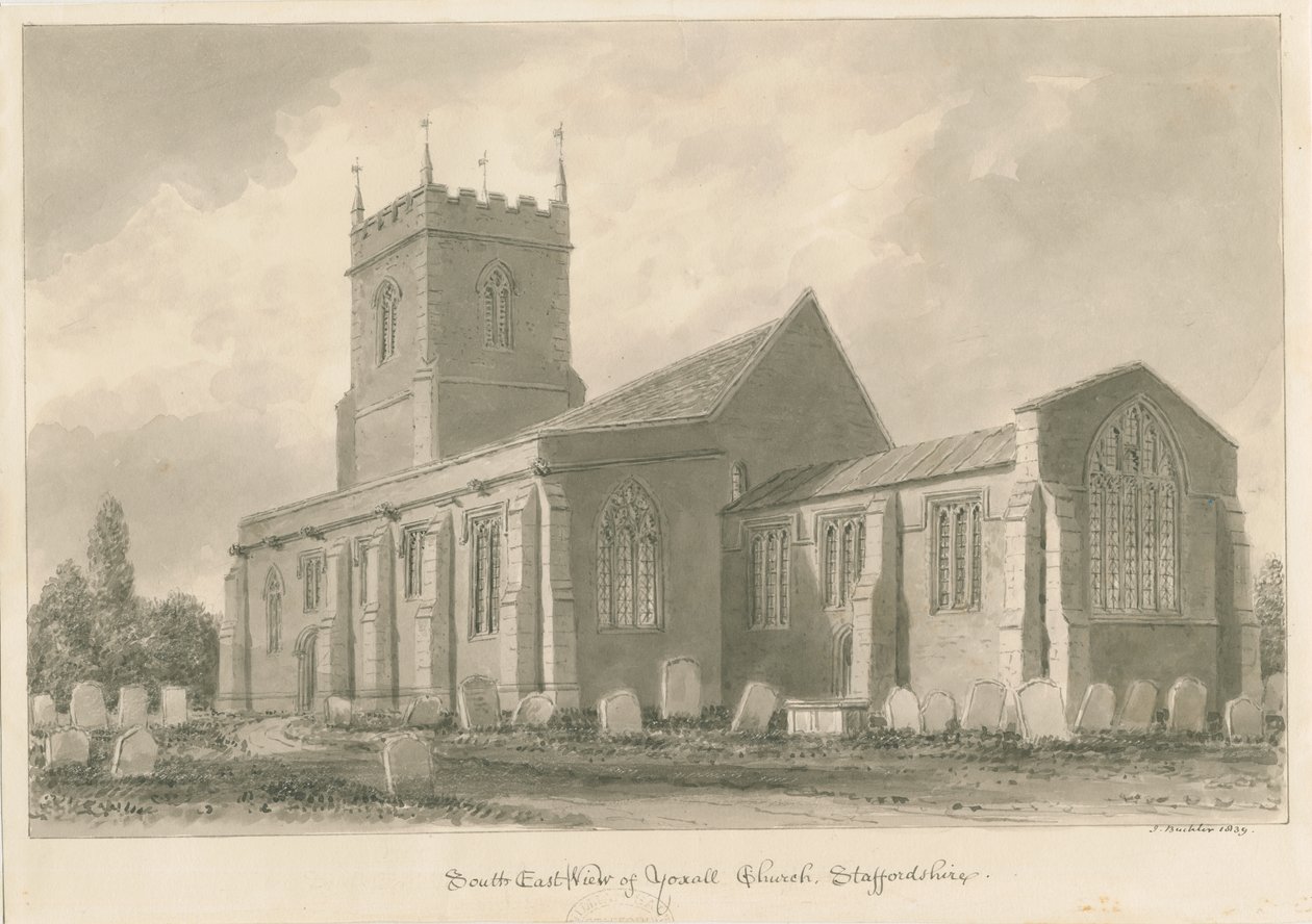 Yoxall Church: seepiapiirustus tekijältä John Buckler