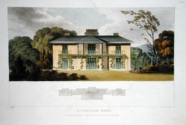 Mökki Orne, Ackermannin "Arkisto taide", julkaistu 1818 (väri litho) tekijältä John Buonarotti Papworth