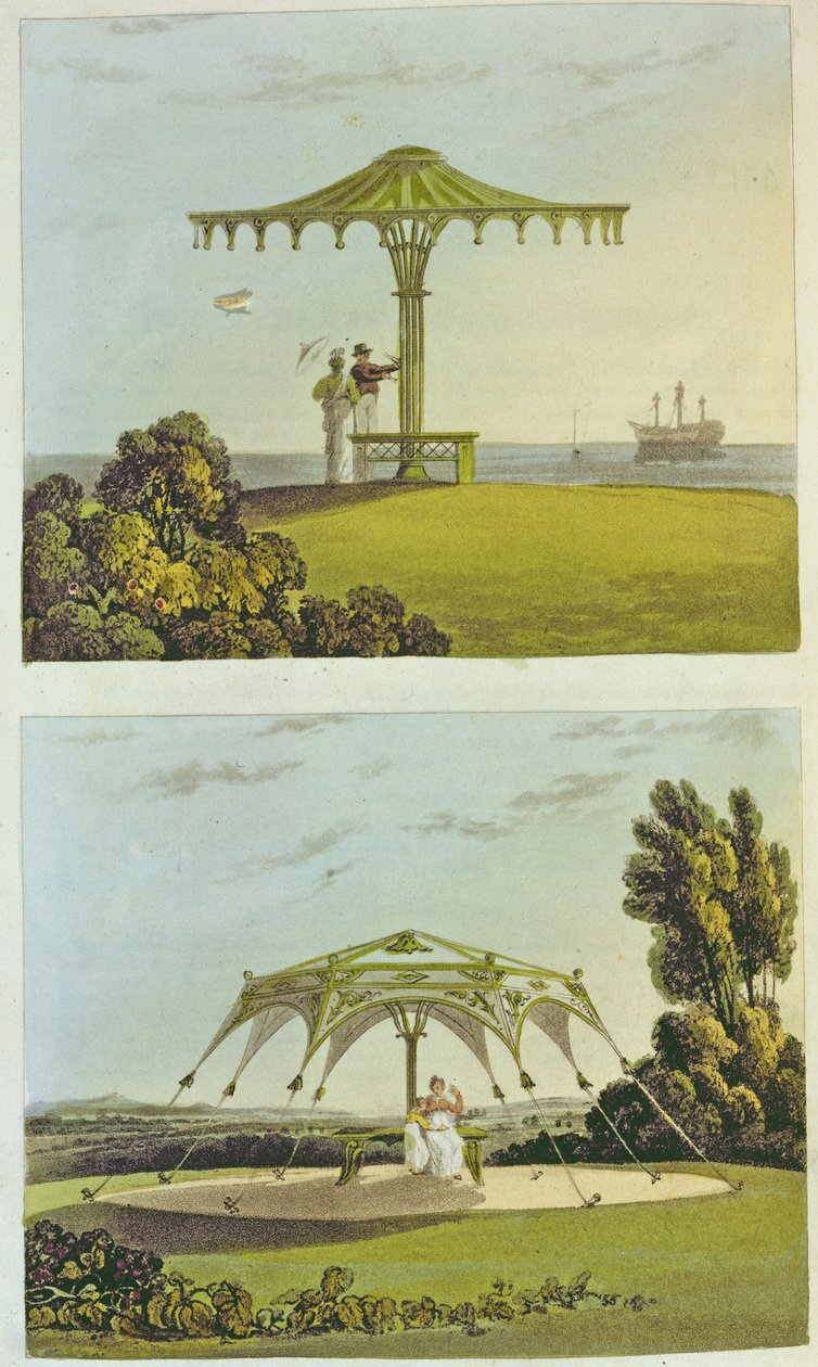Kaksi koristeellista katettua puutarhaistuinta "Arkisto taideteoksesta", kirjoittanut Ackermann, 1822 tekijältä John Buonarotti Papworth
