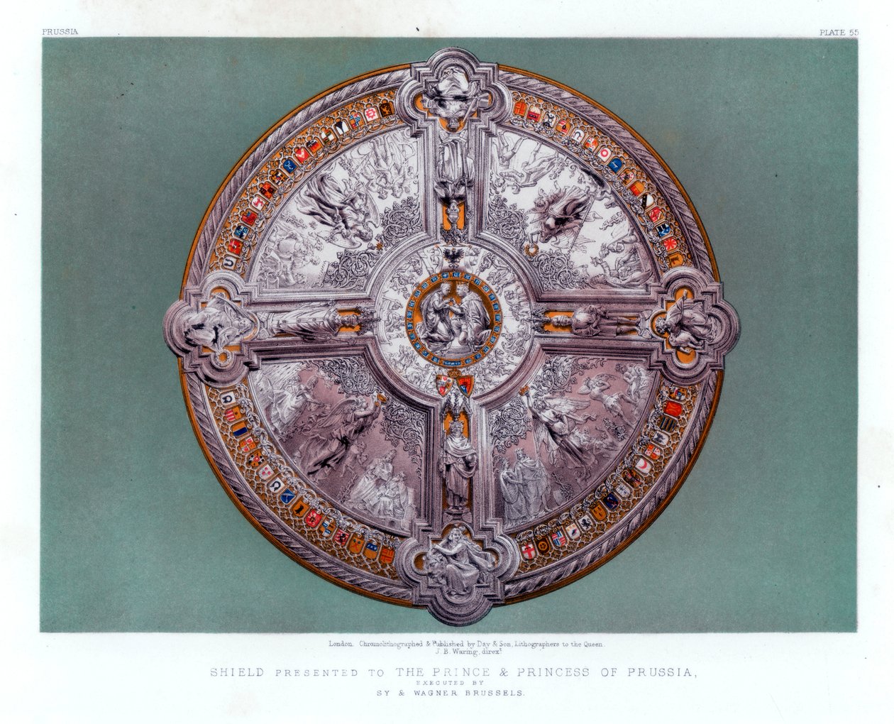 Kilpi annettiin Preussin prinssille ja prinsessalle. 1800-luvulla tekijältä John Burley Waring