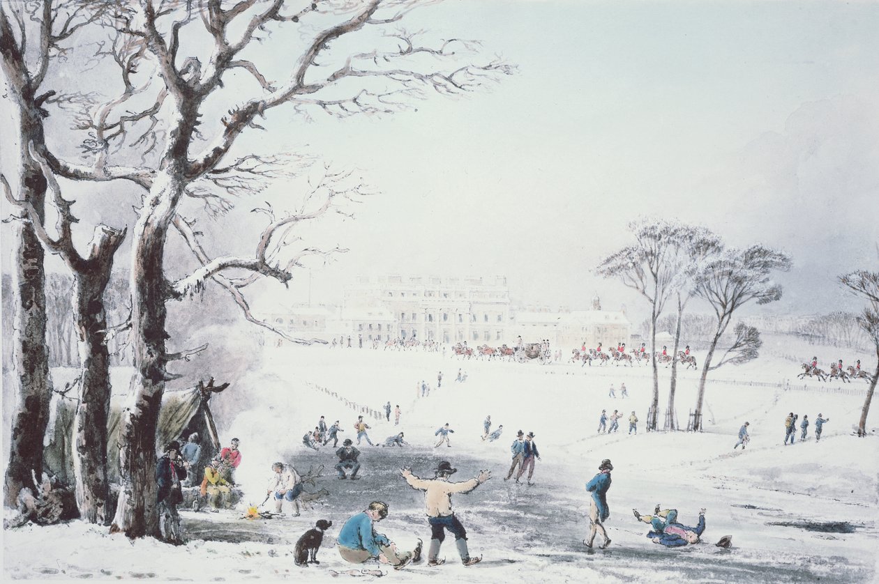 Näkymä Buckingham Housesta ja St James Parkista talvella, pubi. R. Havell und Sons, 1810 tekijältä John Burnet